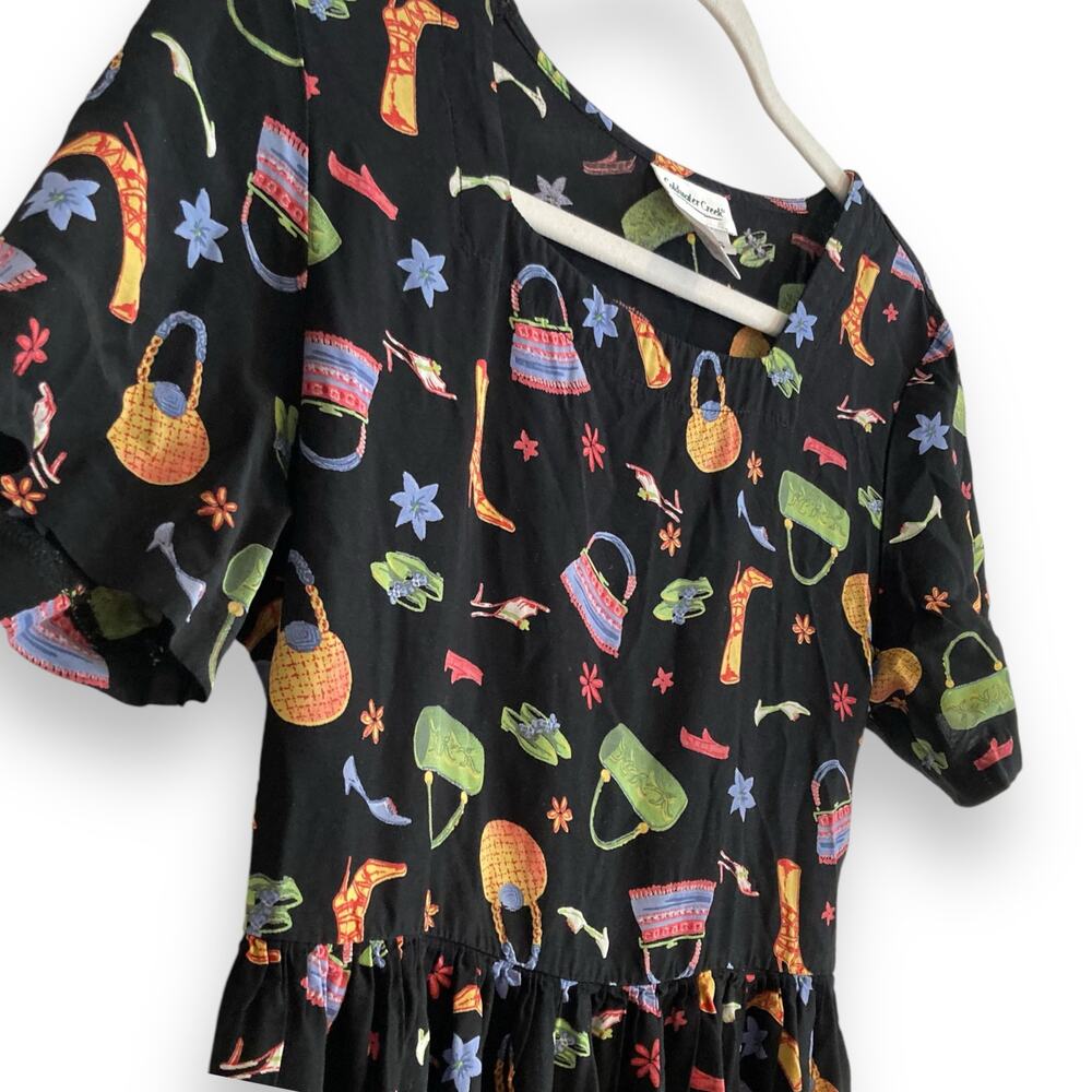 Vintage Y2K Coldwater Creek Black A-Line Dress Whimsical Print Sz Small Rayon - Picture 9 of 16